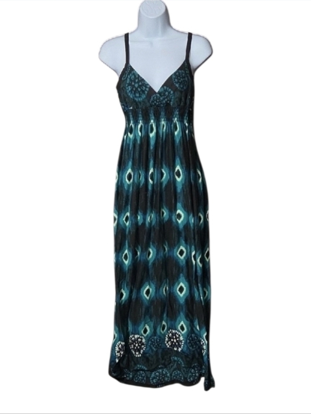 bailey blue Teal and Black Peacock Feather Maxi Dress